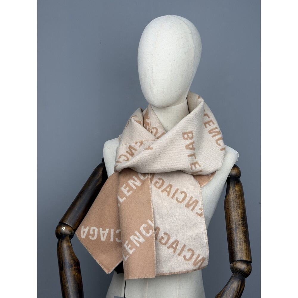 Balenciaga All Over Logo Macro Scarf in Beige and Peach Color Brushed Wool